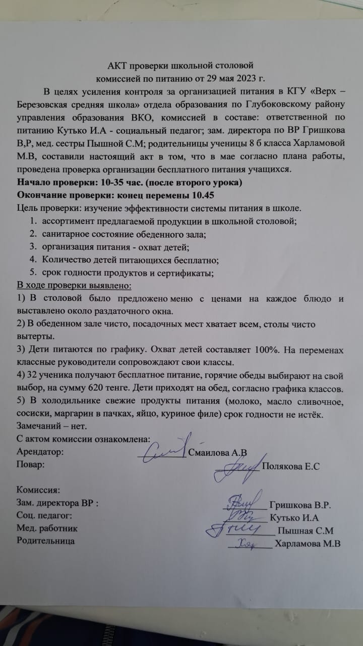 Акт проверки школьной столовой за май 2023 год